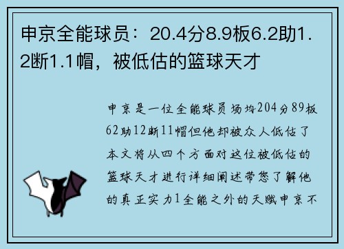 申京全能球员：20.4分8.9板6.2助1.2断1.1帽，被低估的篮球天才
